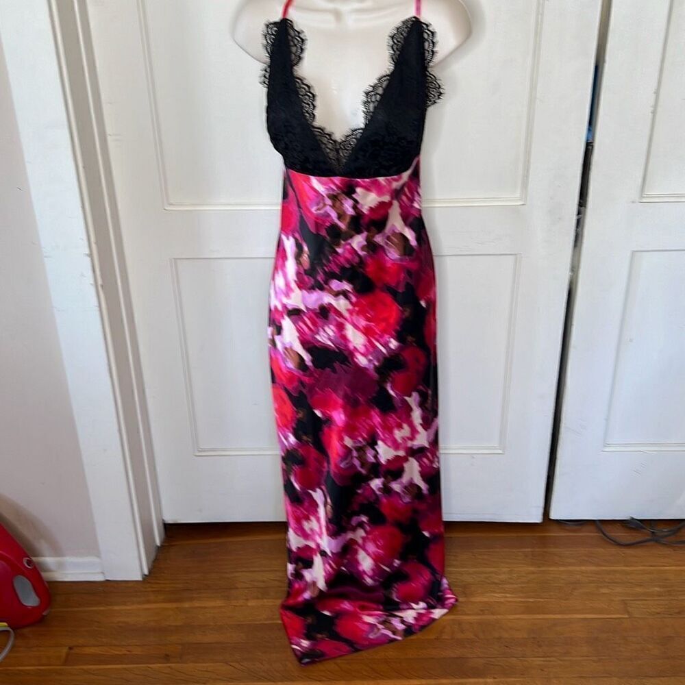 Boohoo Strapless Lace Bust Blurred Watercolor Maxi Dress Black/Pink Size 1X